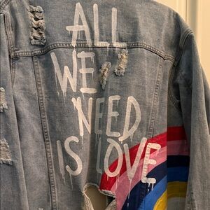 Denim Jacket with Rainbow and Love Quote